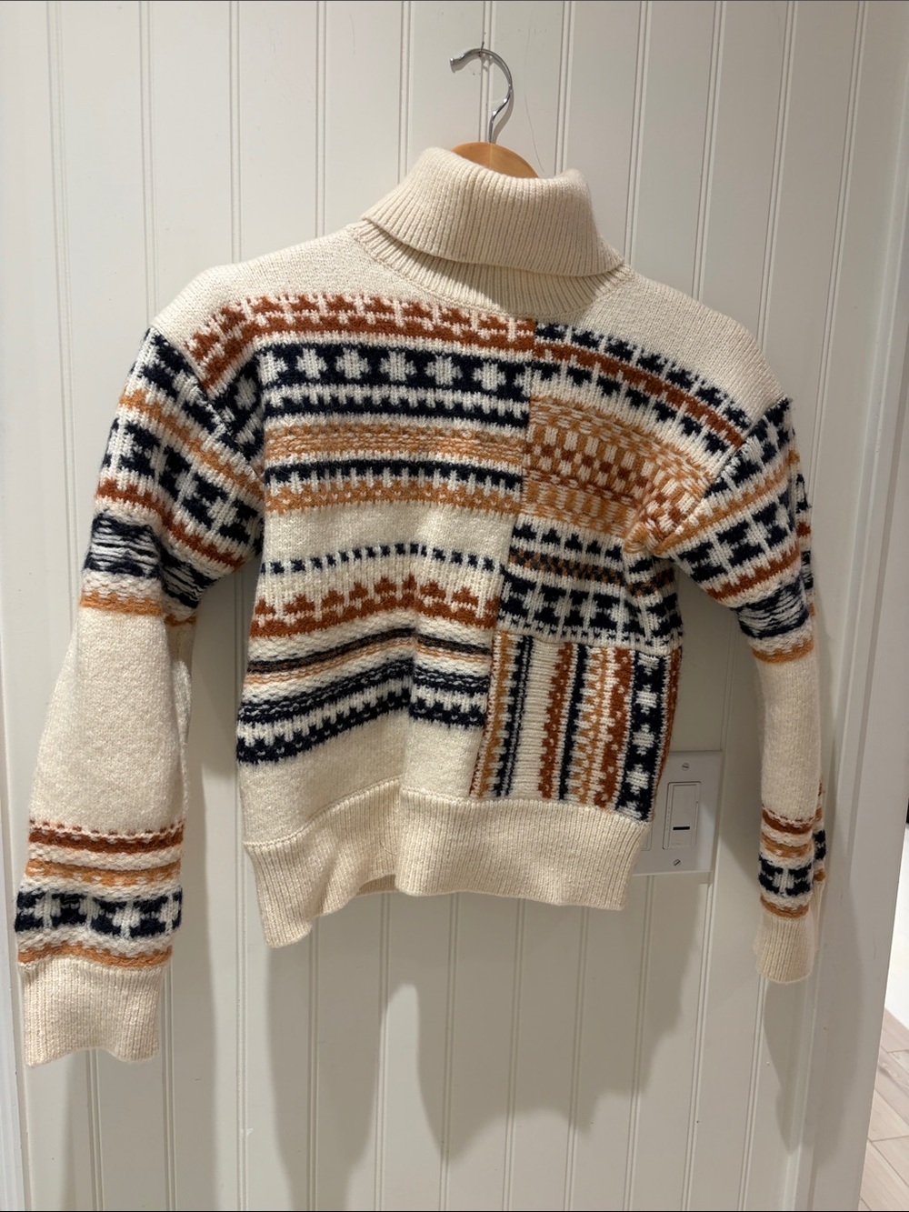 A.L.C. Cream Turtleneck Sweater with Navy & Brown Fair Isle Motif